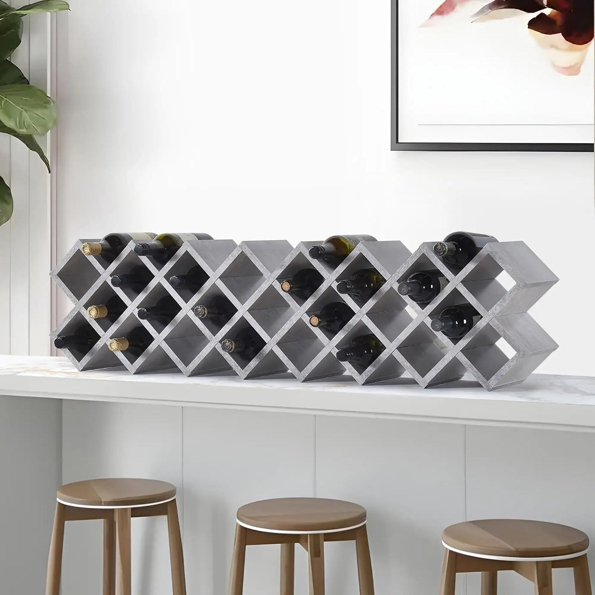 Kings Brand Furniture 30-Bottle Wine Rack – Geometric Grid Design, Modern Countertop Wine Storage for Kitchen, Bar, or Sideboard Display (Concrete Finish)