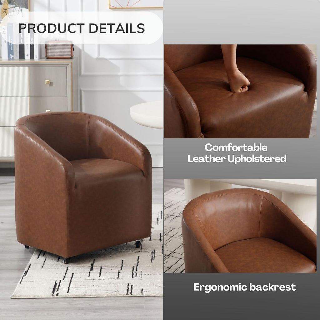 BESTANO Set of 2 Modern Upholstered Dining Chairs with Swivel Casters, Faux Leather Barrel Back Accent Side Chair for Dining Room Living Room,Brown