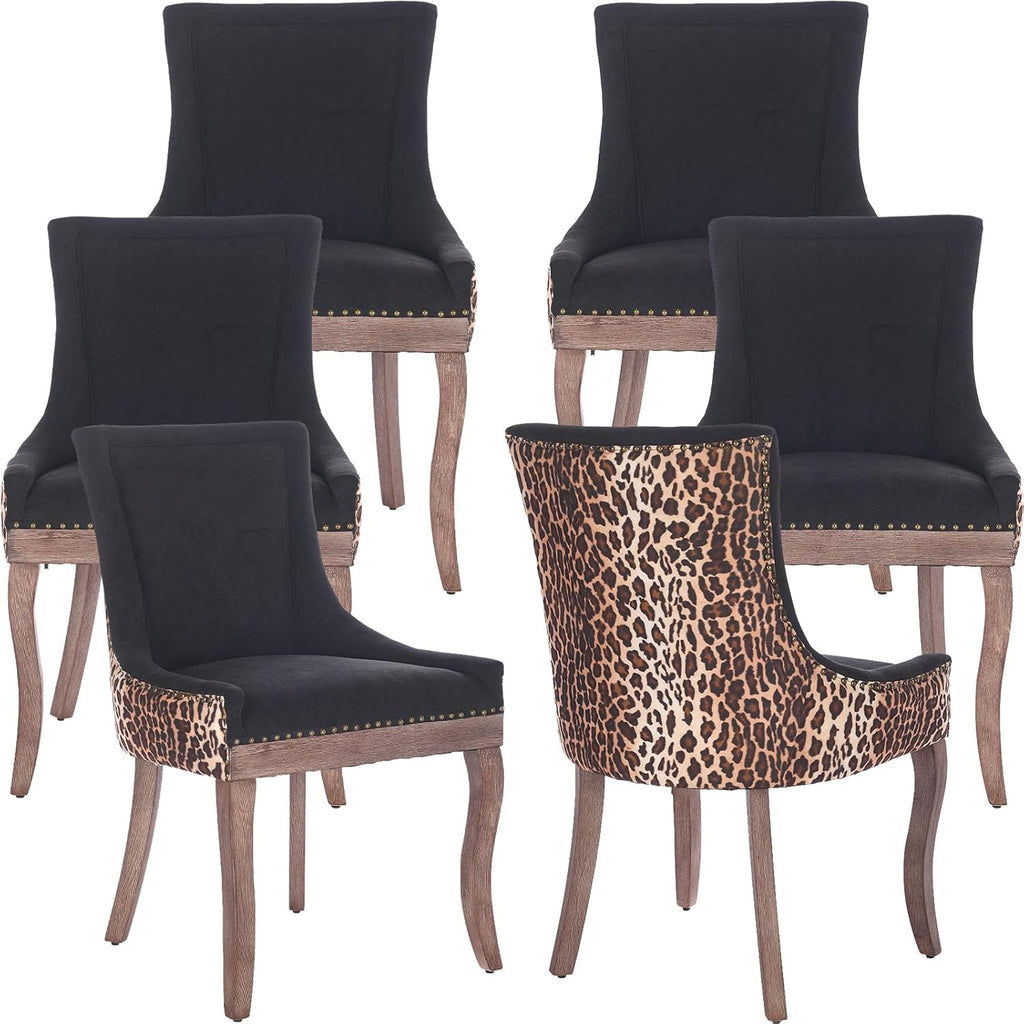 Leopard Upholstered Dining Chairs Set of 6, Animal Print Fabric Kitchen & Dining Room Chairs with Nailhead Trim, Black Leopard Pattern High Back Kitchen Chairs, Solid Wood Legs, Sillas de Comedor