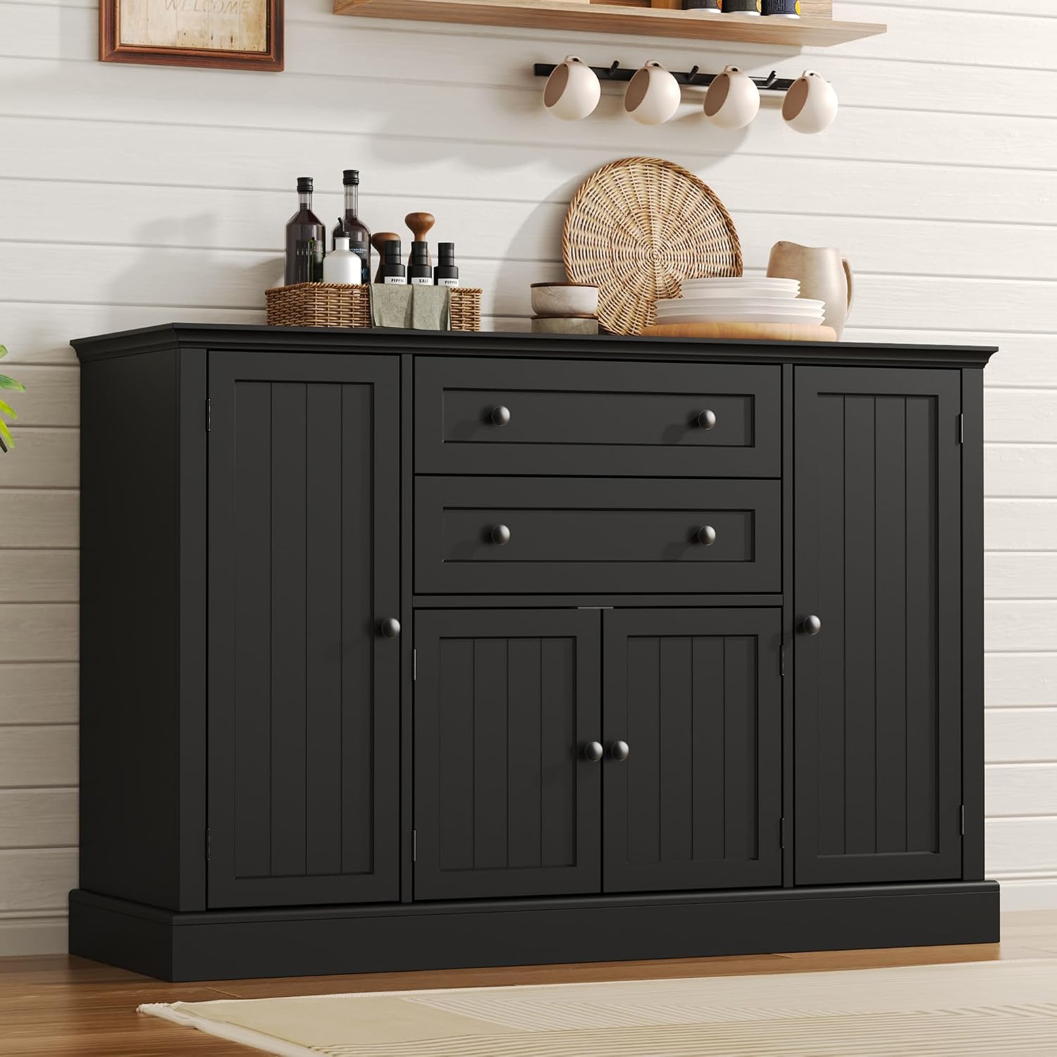 Farmhouse 47" Buffet Cabinet with Storage,Large Sideboard Buffet with Drawers and Adjustable Shelves, Rusitc Coffee Bar Cabinet for Kitchen, Black