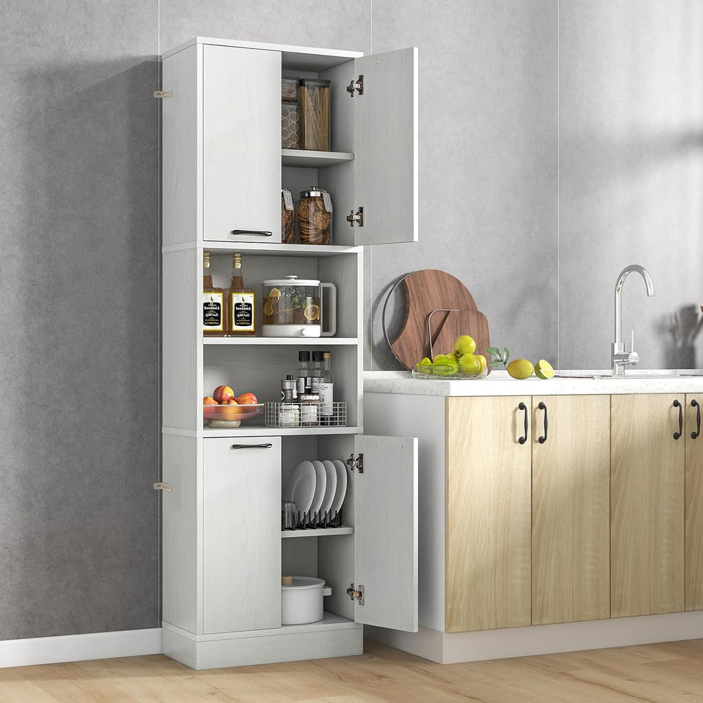 TANGZON 190CM Tall Kitchen Cupboard, 4-Door Storage Cabinet with Enclosed Cabinets, Open Compartments & Anti-tipping Kits, Freestanding Wooden Tall Sideboard for Pantry Dining Living Room (White Oak)