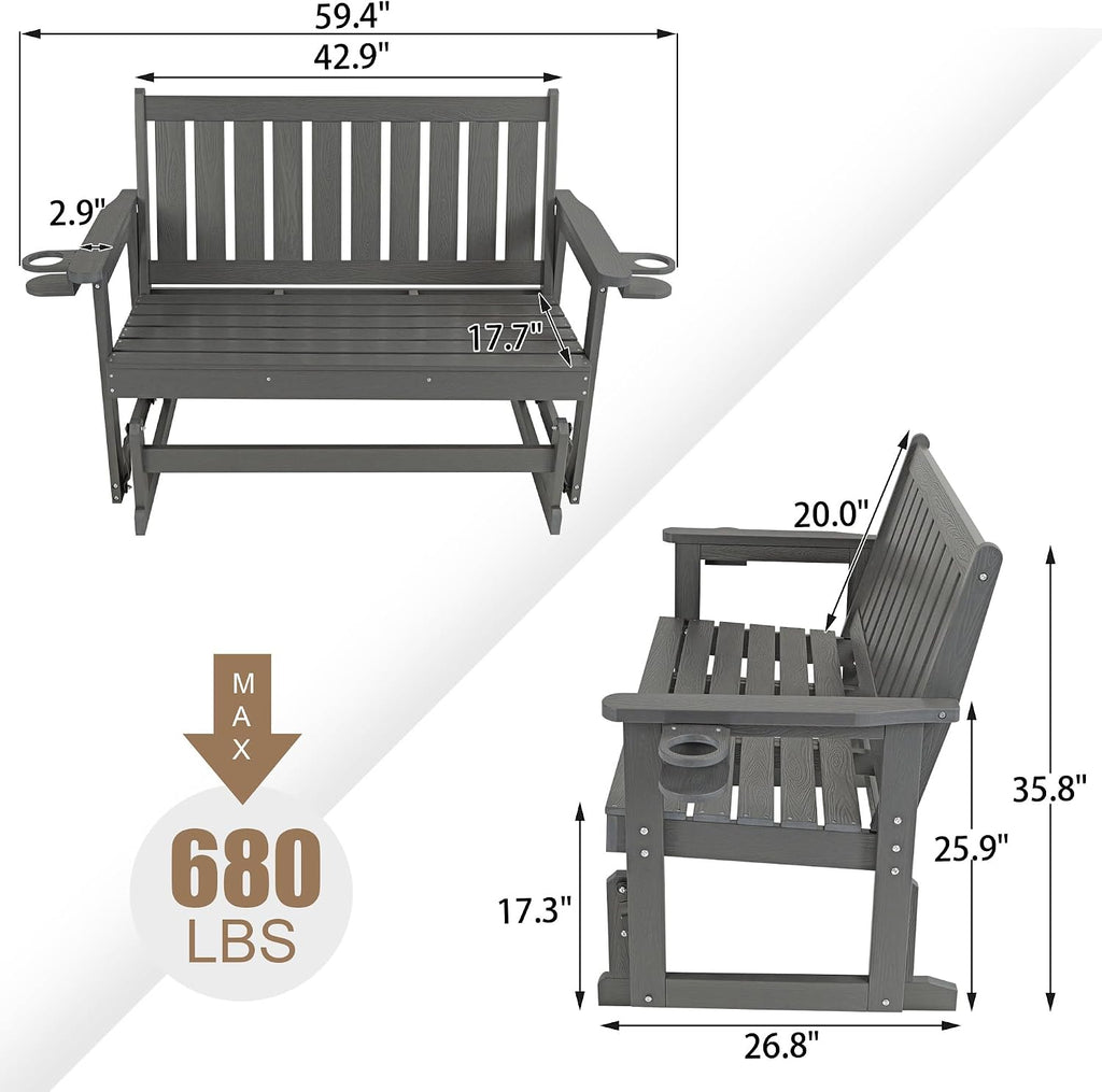 Poly Lumber Patio Glider, HIPS Material Weather-Resistant Swing Bench for Outdoor Porch Garden, Gray