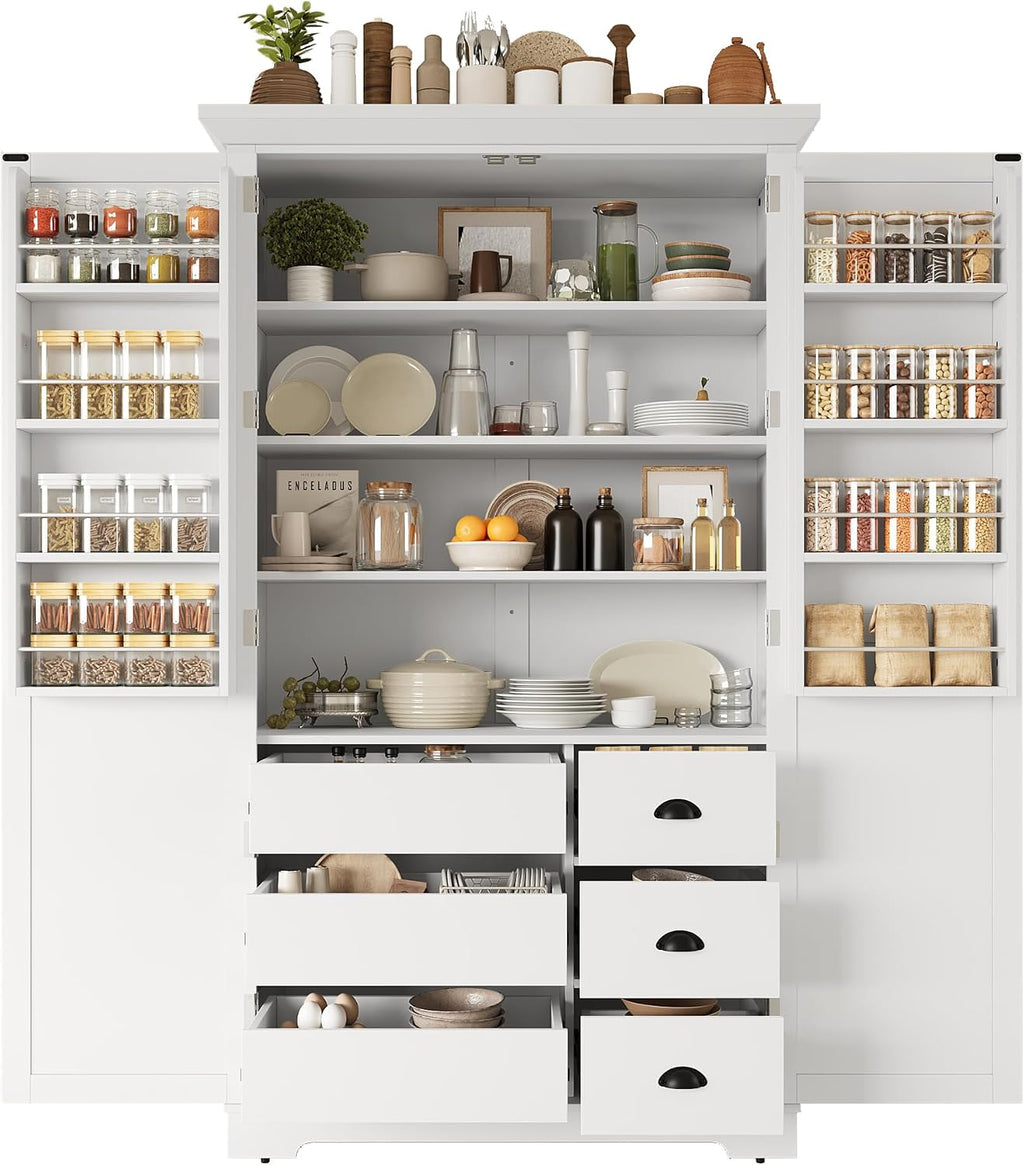 72''H Farmhouse Kitchen Pantry Cabinet, Freestanding Kitchen Pantry with Door Shelves, Adjustable Shelves, and 6 Drawers, Large Cupboard for Dining Room Living Room, White