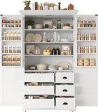 72''H Farmhouse Kitchen Pantry Cabinet, Freestanding Kitchen Pantry with Door Shelves, Adjustable Shelves, and 6 Drawers, Large Cupboard for Dining Room Living Room, White