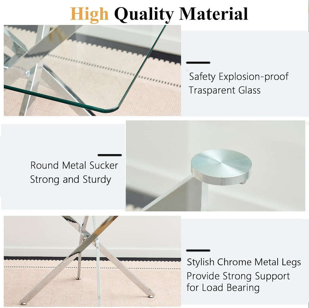 36 inch Square Glass Dining Table, Modern Dining Table for 4, Square Kitchen Table with Tempered Glass Top & Silver Chrome Metal Legs for Dining Room, Living Room, Apartment, Small Space