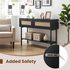 GOFLAME 40” Rattan Console Table, Narrow Long Entryway Table with Storage Shelf, 2 Flip Door Cabinets, Metal Frame, Boho, Farmhouse Behind Couch Sofa Tables for Living Room, Hallway (Black)