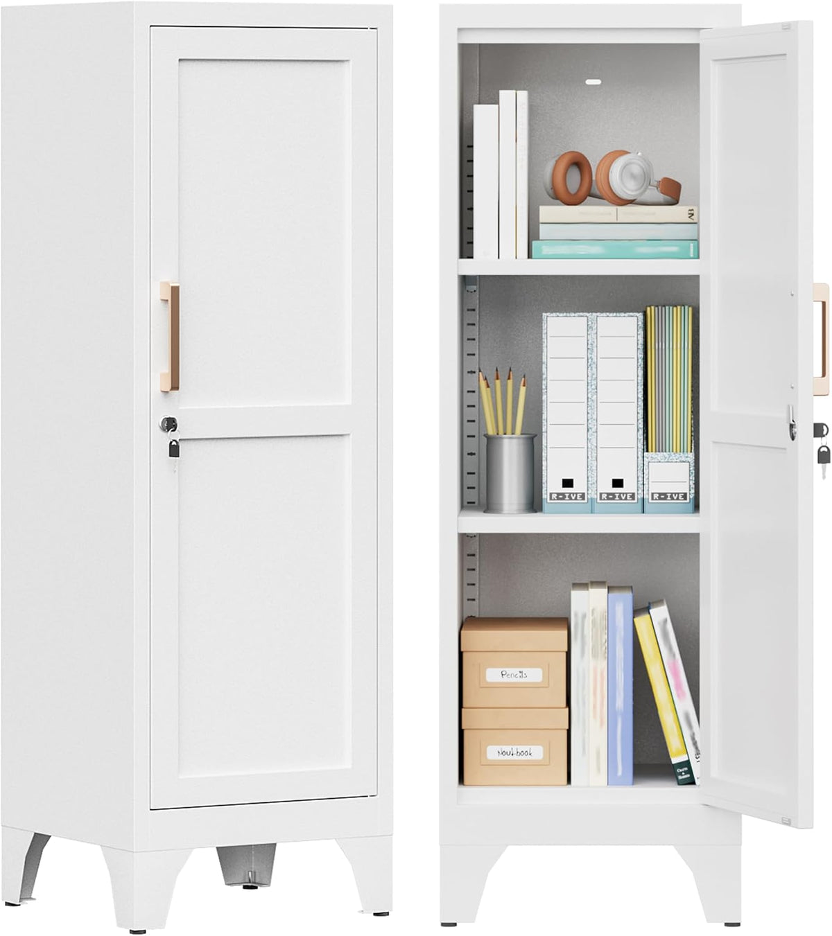 46" Tall Metal Pantry Cabinet, Kitchen Pantry Storage Cabinets with 1 Door and 2 Adjustable Shelves, Small Bathroom Cabinet,Cupboard for Kitchen, Dining Room- Assembly Required/White