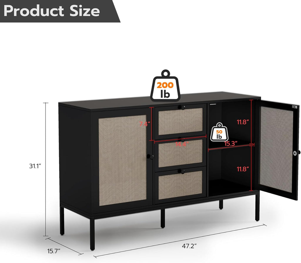 Rattan Sideboard Buffet Cabinet with 2 Doors & 3 Drawers, Mid Century Modern Credenza with Adjustable Shelves, Boho Storage Cabinet for Living Room, Hallway & Kitchen (Black, 47 inch)