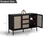 Rattan Sideboard Buffet Cabinet with 2 Doors & 3 Drawers, Mid Century Modern Credenza with Adjustable Shelves, Boho Storage Cabinet for Living Room, Hallway & Kitchen (Black, 47 inch)