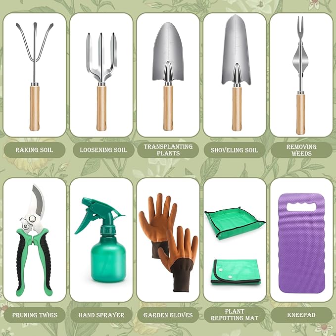 Gardening Tools Set, 11 Piece Garden Hand Tools, Garden Tools Set with Rust-Proof,Fashion and Durable Garden Tools Organizer Handbag Perfect Gardening Gifts for Mothers Day & Outdoor (Purple)