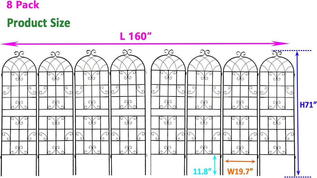 8 Pack Metal Garden Trellis 71" H Garden Fence Rustproof Trellis for Climbing Plants Support Roses Flower Outdoor Lawn Black