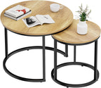 Smuxee Nesting Coffee Table Set of 2, 23.6" Round Coffee Table Brown Wood with Adjustable Non-Slip Feet, Industrial End Table Side Tables for Living Room Bedroom Balcony Yard