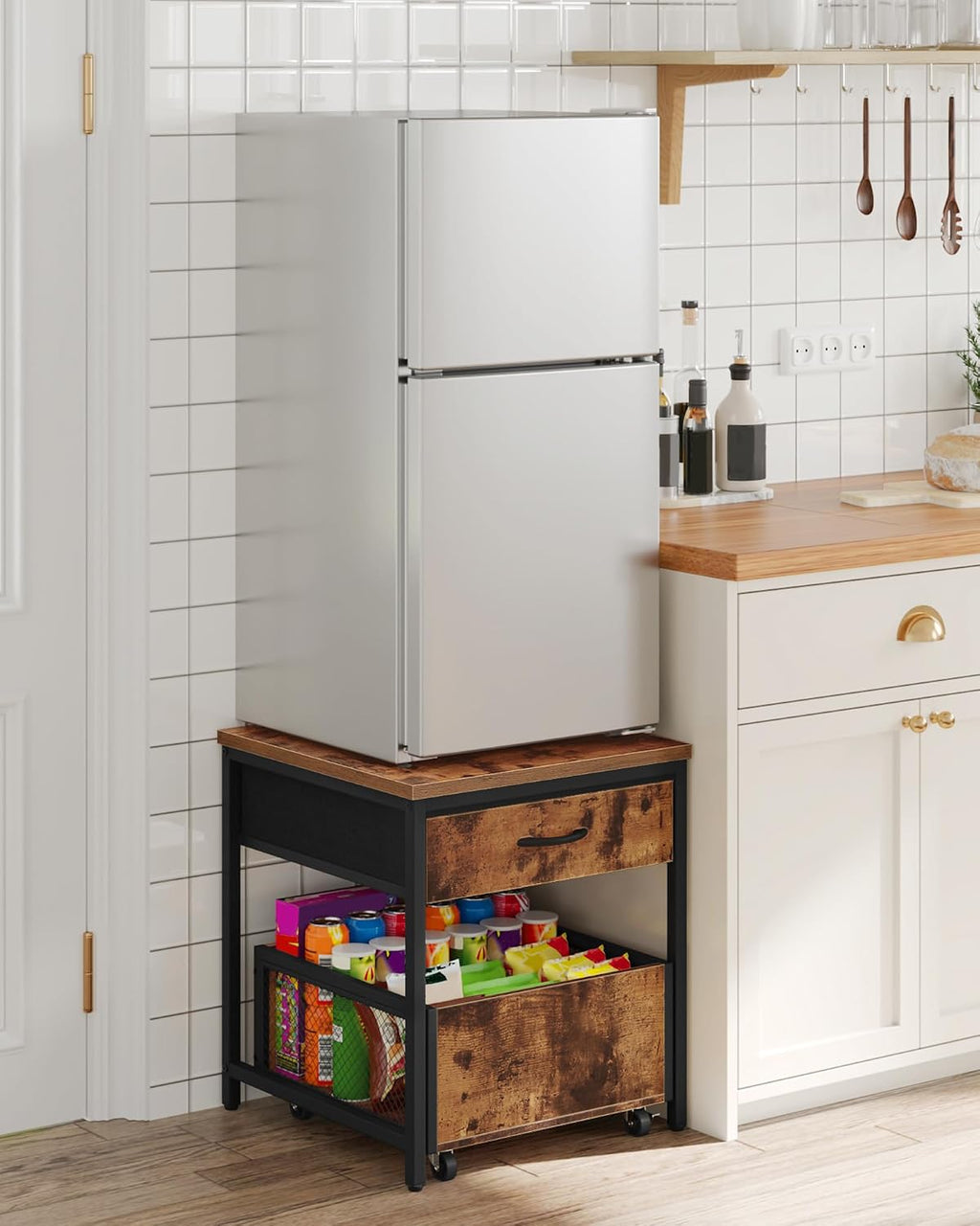 CHOEZON Narrow Side Table and Mini Fridge Stand with Storage, Skinny End Table with Fabric Basket, Mini Fridge Cabinet with Mobile Basket Cart, for Living Room, Bedroom, Rustic Brown TBZ07UBF-TBZ55BF