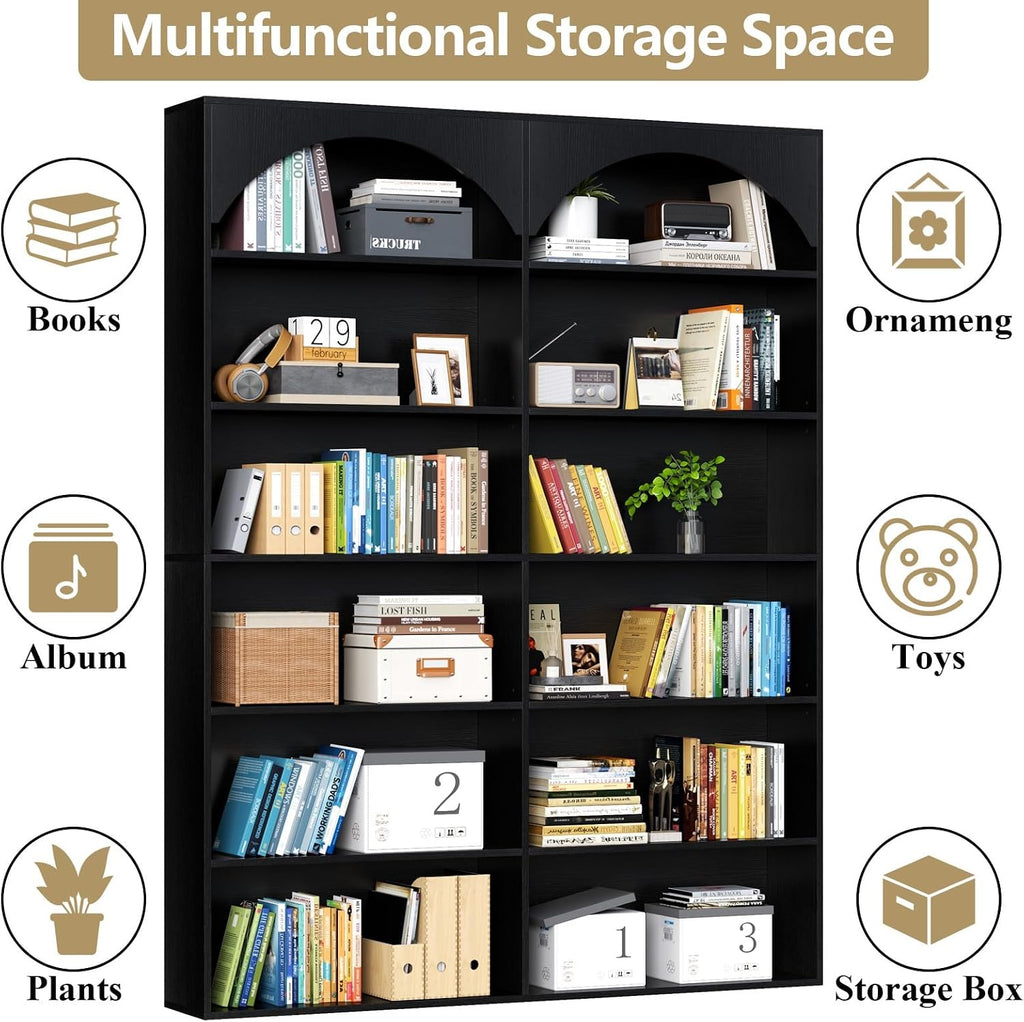 Gyfimoie 70.8’’ Tall Bookshelf and Bookcase, 7-Tier Double Wide Bookcase Modern Large Open Display Shelves with Curved Baffle for Home Office Living Room (Black)