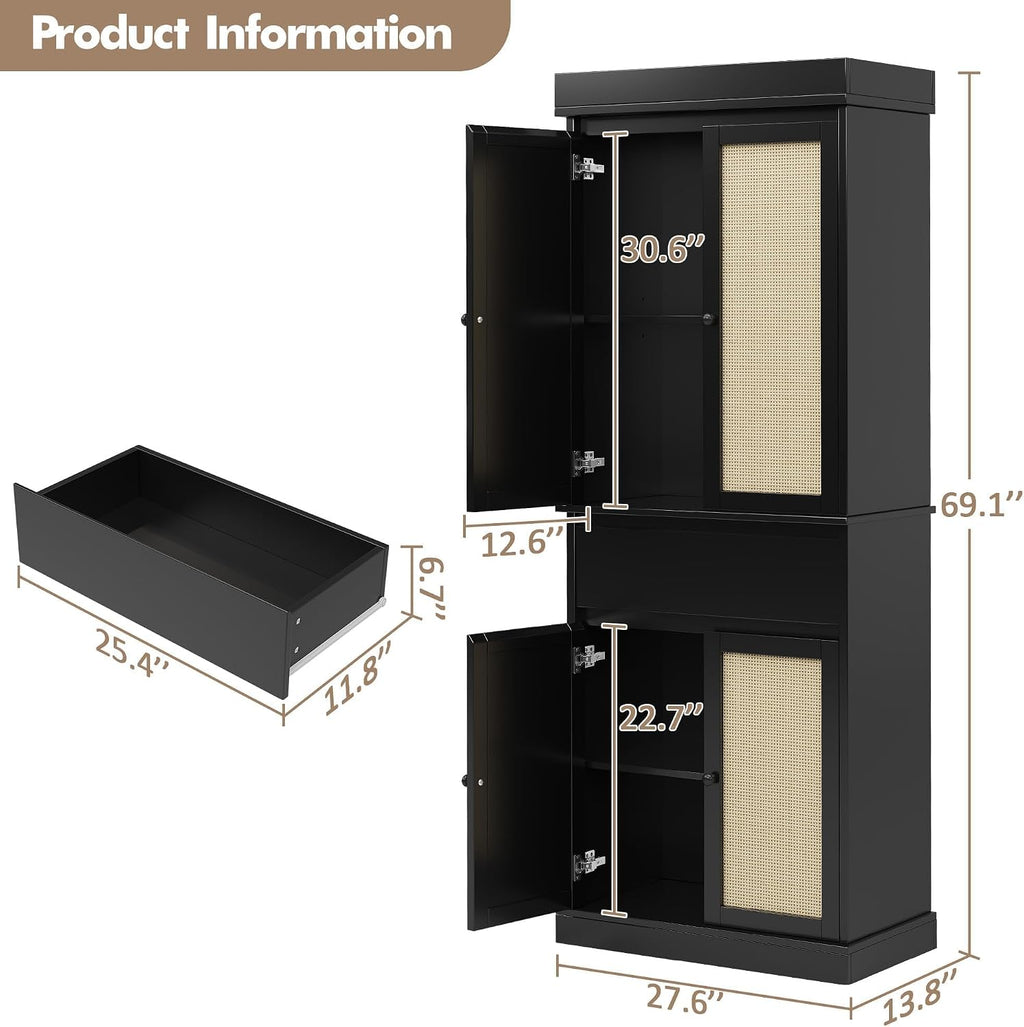 Tall Kitchen Pantry Cabinet with Rattan Doors, Adjustable Shelves & Drawer, Freestanding Storage Cupboard for Bathroom, Dining Room & Living Room（New Black）