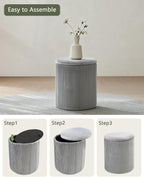 LITZFUR Round Ottoman with Storage, Velvet Foot Rest Stool, Grey | Versatile Upholstered Vanity Stool, Padded Folding Storage Ottoman for Living Room, Bedroom and Dorm