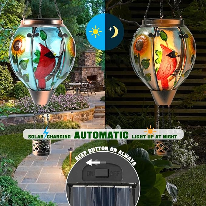 Hot Air Balloon Solar Lantern - Large Cardinal Bird Glass Lantern, Simulated Flickering & Dancing Flame, Big Outdoor Hanging Sunflower Yard Light Waterproof IP65 for Patio Lawn Porch Decor Gift