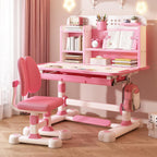 Upgraded Kids Desk and Chair Set, 50 Degree Tiltable&Height Adjustable Kids Desk with Storage Drawers and Bookshelf, Ergonomic Study Table for Kid (Pink-New Type)