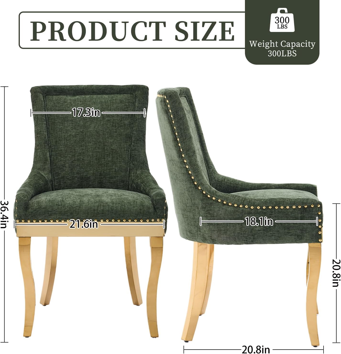 Upholstered Dining Chairs Set of 4, Chenille Fabric Dining Room Chairs with with Gold Stainless Steel Legs, Nailhead Trim, Modern Farmhouse Accent Chairs for Dining Room or Kitchen, Olive Green