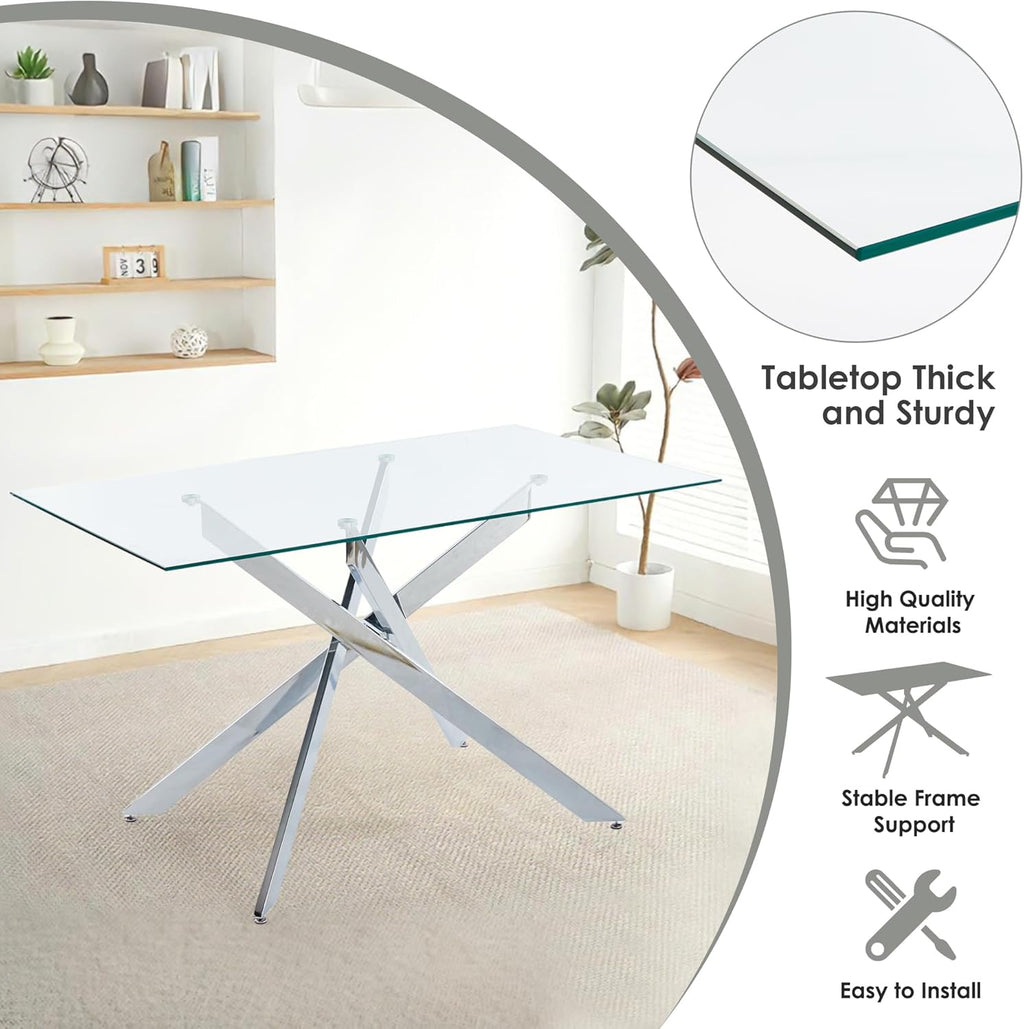 5-Piece Dining Table Set for 4, Modern Rectangular Glass Table with 4 Upholstered Leather Chairs, Space-Saving Dining Room Furniture Table & Chair Sets for Small Spaces&Apartment(White&Silver)