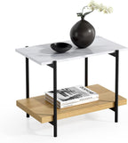 End Table with 2 Tier Wood Open Shelf, Rectangular Sofa Side Table with Metal Frame and Faux Marble, Bedside Nightstand for Bedroom Living Room Small Space, Natural Oak