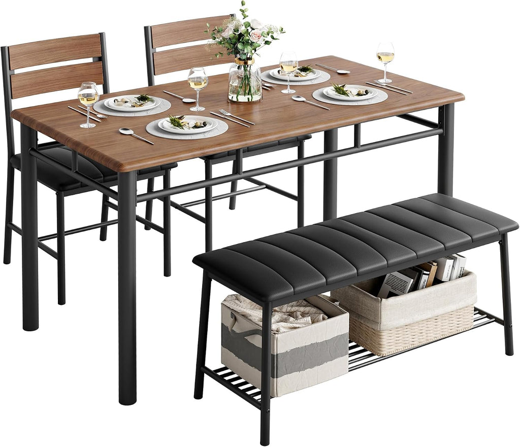IRONCK Dining Table Set for 4, Kitchen Table with Upholstered Bench and 2 Chairs, Kitchen Table and Chairs Set for Small Space, Apartment, Walnut