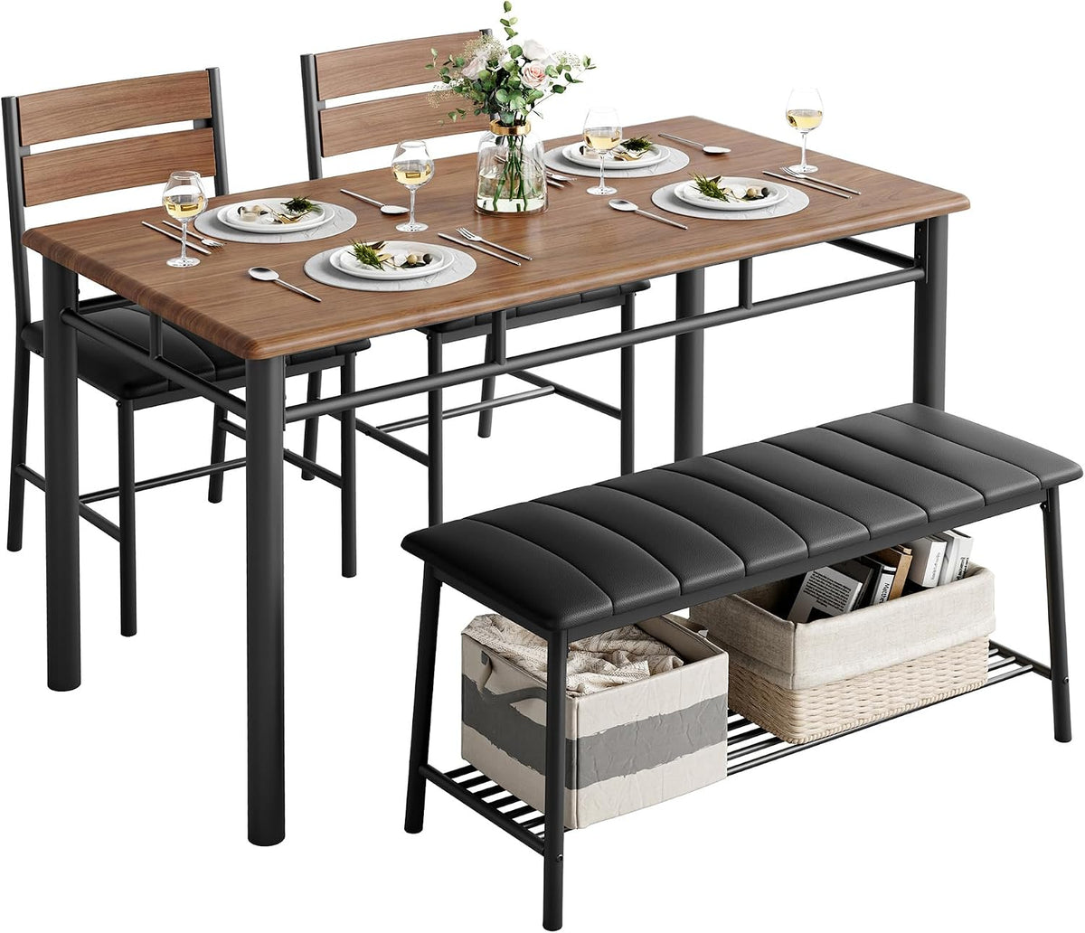 IRONCK Dining Table Set for 4, Kitchen Table with Upholstered Bench and 2 Chairs, Kitchen Table and Chairs Set for Small Space, Apartment, Walnut