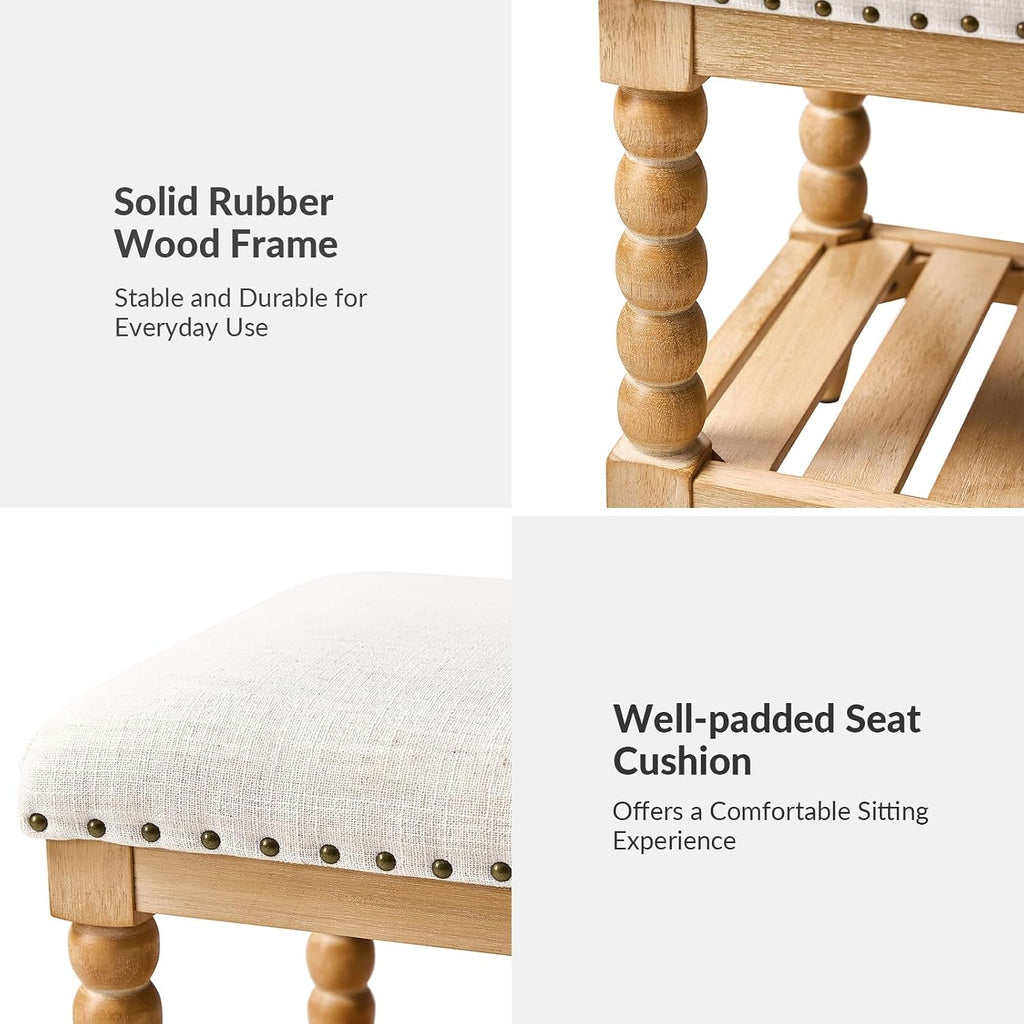 HULALA HOME Entryway Bench with Soild Wood Shelf, 58" Upholstered Shoe Storage Bench with Spindle Legs, Nailhead Trim Detail for Bedroom, Living Room, Hallway, Ivory