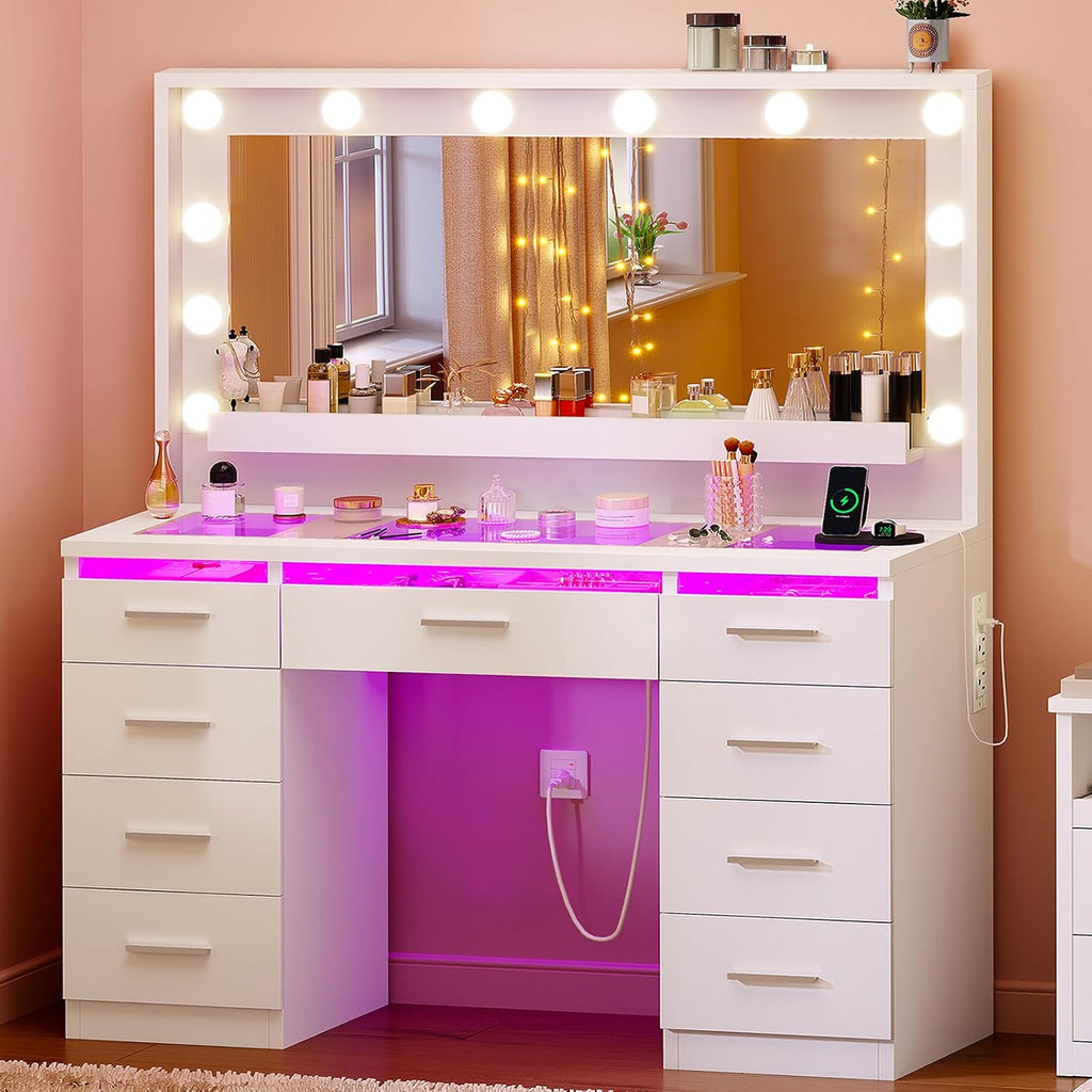 FINOESO Large Vanity Desk with Mirror and Lights, 3-Color LED, Makeup Vanity with Clear Glass Top & RGB Light, Vanity Table with 9 Drawers, Open Shelf, Power Outlet, Vanity for Women Bedroom, White
