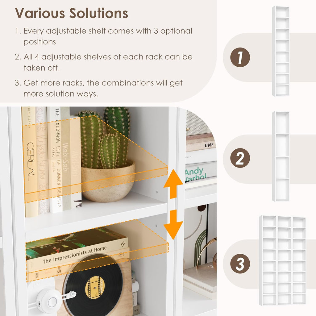 FOTOSOK White Bookshelf 8-Tier Narrow Bookshelf, 11.6 X 9.3 X 70.9 Tall CD DVD Media Tower Rack with 4 Adjustable Shelves, Tall Narrow Bookcase Slim Display Bookshelf with Cube Storage for Home Office