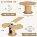 Alohappy Dining Table for 4-6, 47in-63in Extendable Round Dining Room Table with Storage, Mid Century Modern Farmhouse Wood Oval Dinner Table with Pedestal Base for Kitchen, Living Room (Natural Oak)