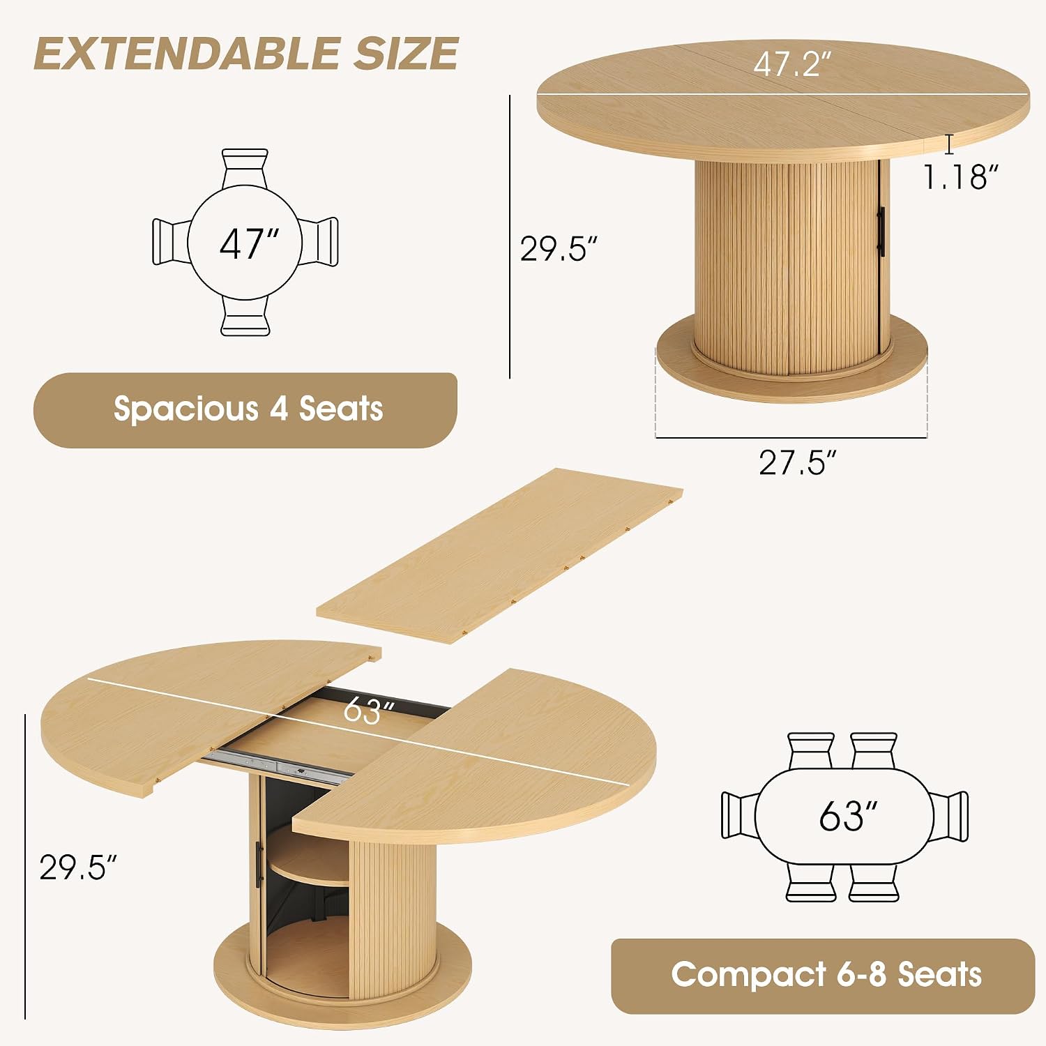 Alohappy Dining Table for 4-6, 47in-63in Extendable Round Dining Room Table with Storage, Mid Century Modern Farmhouse Wood Oval Dinner Table with Pedestal Base for Kitchen, Living Room (Natural Oak)