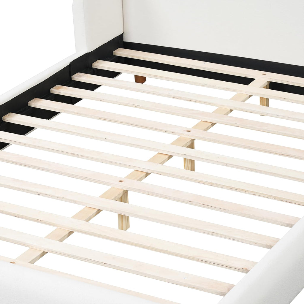Christopher Knight Home Astry Boucle Upholstered Queen Size Bed Frame with Wingback Headboard, Modern Queen Bed Frame and Headboard, Wooden Slats Support, Easy Assembly, No Box Spring Needed, White