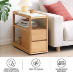 100% Solid Wood Side Table with Storage, Narrow End Table with 2 Drawers, Slim Nightstand and Small Bedside Table with Wheels for Living Room Kitchen Bedroom(Natural, 15.75" D x 26.77" W x 21.65" H)