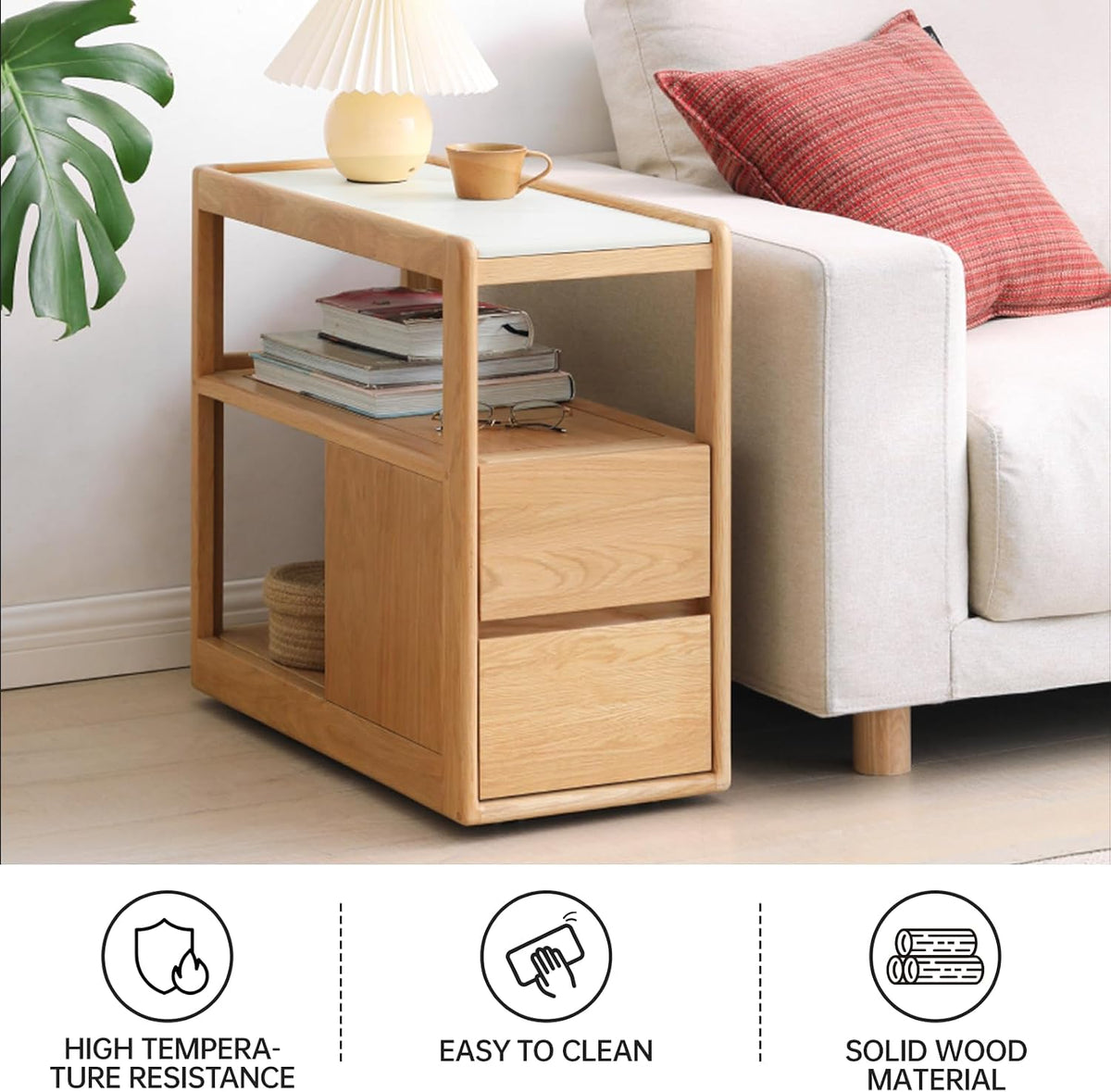 100% Solid Wood Side Table with Storage, Narrow End Table with 2 Drawers, Slim Nightstand and Small Bedside Table with Wheels for Living Room Kitchen Bedroom(Natural, 15.75" D x 26.77" W x 21.65" H)