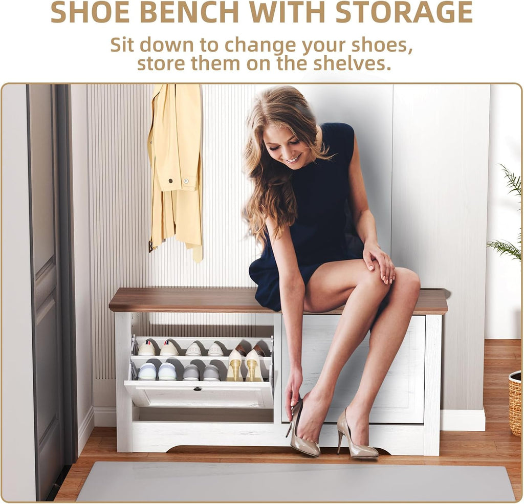 Shoe Storage Bench with Seat, Entryway Shoe Cabinet with Drawers | Flip Drawers and Hidden Storage, Comfortable Seating for Entryway, Hallway, Foyer and Small Spaces