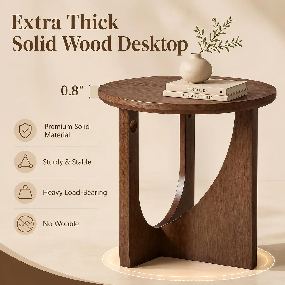 100% Solid Wood Round Side Table, 19.7'' Walnut Brown Small End Table, Sofa Side Table with Sculptural Curved Base, Minimalist Accent Table for Living Room, Bedroom, Reading Nook