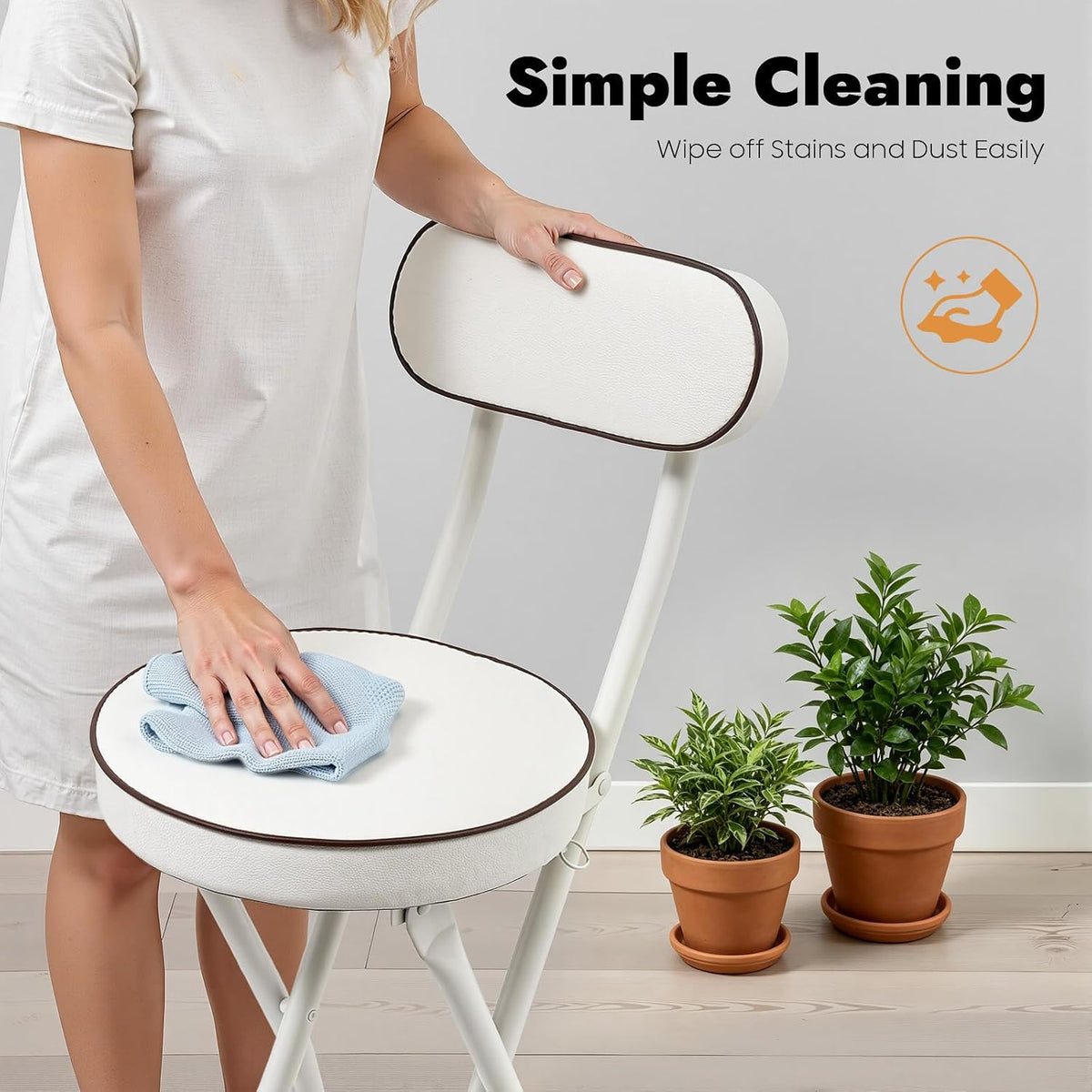 2PCS Folding Stool Cushioned Padded Folding Stool with 275.6lbs Capacity Foldable Bar Stool Portable Stool Chair with Back for Kitchen Living Room Garden Camping Fishing (White)
