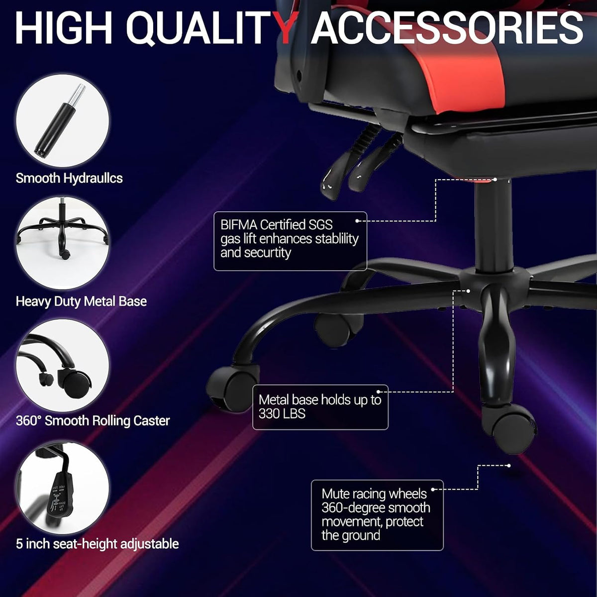 Gaming Chair with Footrest for Adults, PU Leather Massage Racing Video Game Chair w/Lumbar Support for Men Women, Ergonomic Computer Gamer Chair for Home Office, Height Adjustable, Red