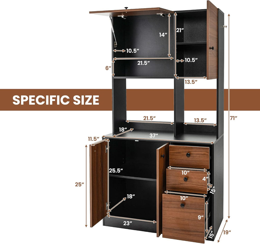 LOKO 71” Tall Kitchen Pantry Storage Cabinet, Freestanding Buffet Hutch with Doors, Adjustable Shelves, 3 Drawers and Microwave Stand, Kitchen Hutch for Dining Room, Living Room (Walnut)