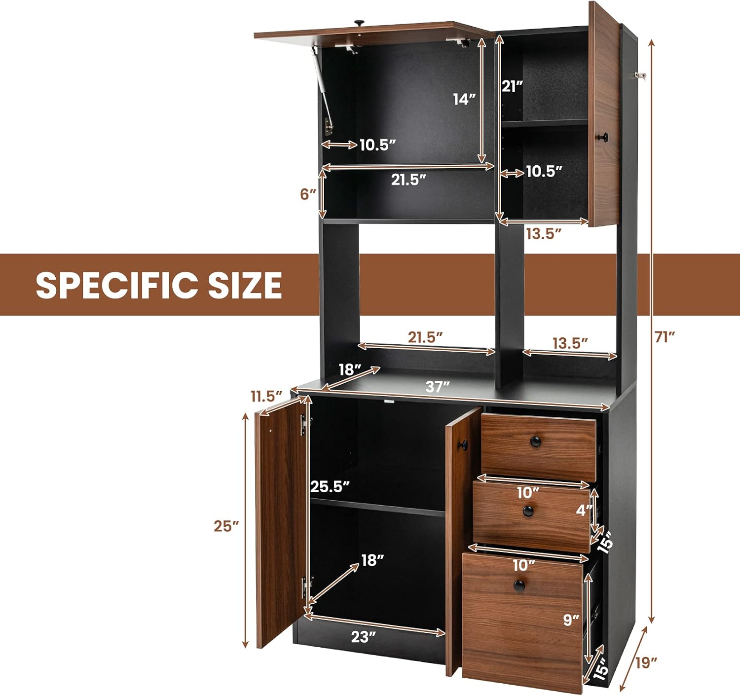 LOKO 71” Tall Kitchen Pantry Storage Cabinet, Freestanding Buffet Hutch with Doors, Adjustable Shelves, 3 Drawers and Microwave Stand, Kitchen Hutch for Dining Room, Living Room (Walnut)