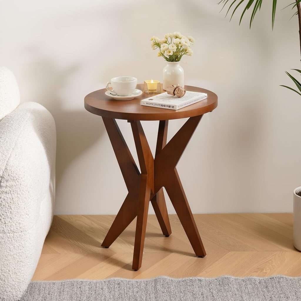 Ahokua Mid-Century Modern Round End Table, Walnut Brown Farmhouse Side Table with MDF Top and Crossed Legs for Living Room Bedroom, or Small Spaces
