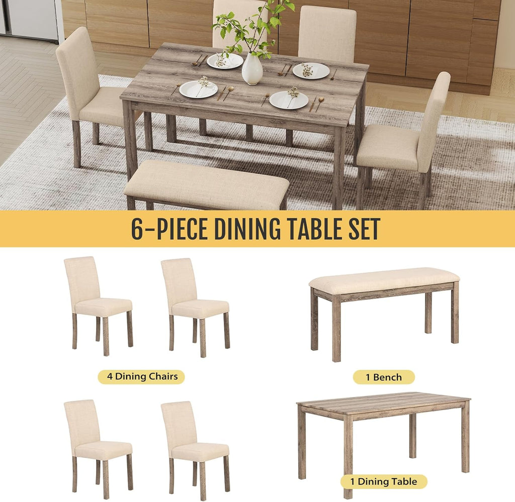 Zevemomo 6-Piece Solid Wood Dining Table Set, Including 1 Dining Table, 4 Upholstered Chairs and 1 Bench, Dining Table Sets for 6, Wooden Legs Table Set for Dining Room, Kitchen, Brown