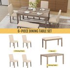 Zevemomo 6-Piece Solid Wood Dining Table Set, Including 1 Dining Table, 4 Upholstered Chairs and 1 Bench, Dining Table Sets for 6, Wooden Legs Table Set for Dining Room, Kitchen, Brown