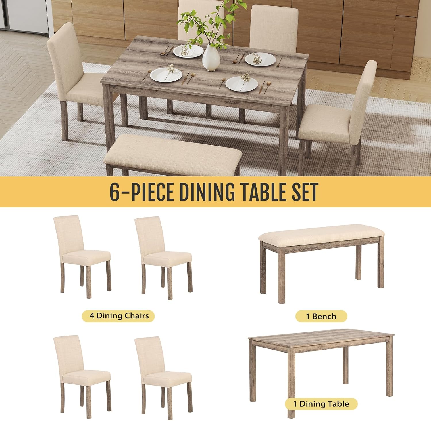 Zevemomo 6-Piece Solid Wood Dining Table Set, Including 1 Dining Table, 4 Upholstered Chairs and 1 Bench, Dining Table Sets for 6, Wooden Legs Table Set for Dining Room, Kitchen, Brown