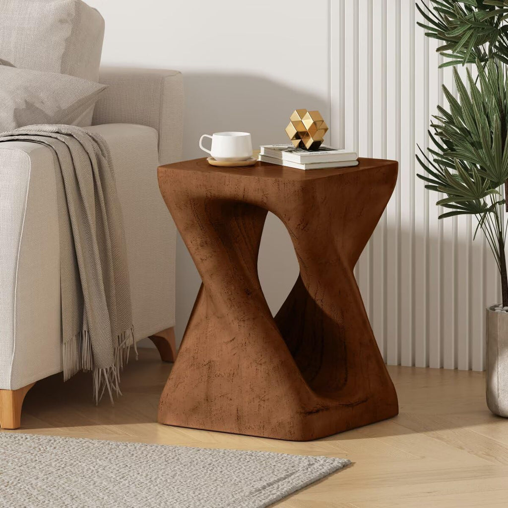 Modern End Table Square Solid Wood Pedestal Side Table Rustic Plant Stand with Twisted Design for Living Room, Bedroom, Office, Antique Brown