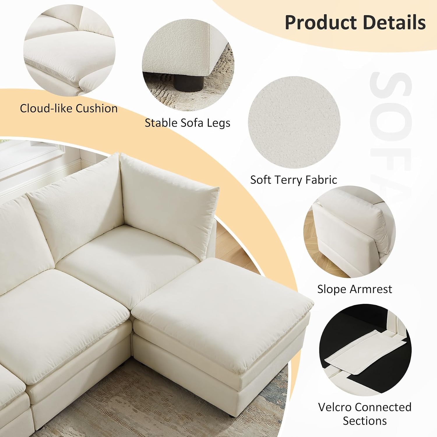 VANOMi U Shape Modular Sectional Sofa Couch for Living Room, Oversized Modern Sleeper Cloud Couch with Deep Seat Double-Layer Thick Cushion Ottoman, Convertible Upholstered Sofa Set, Ivory White