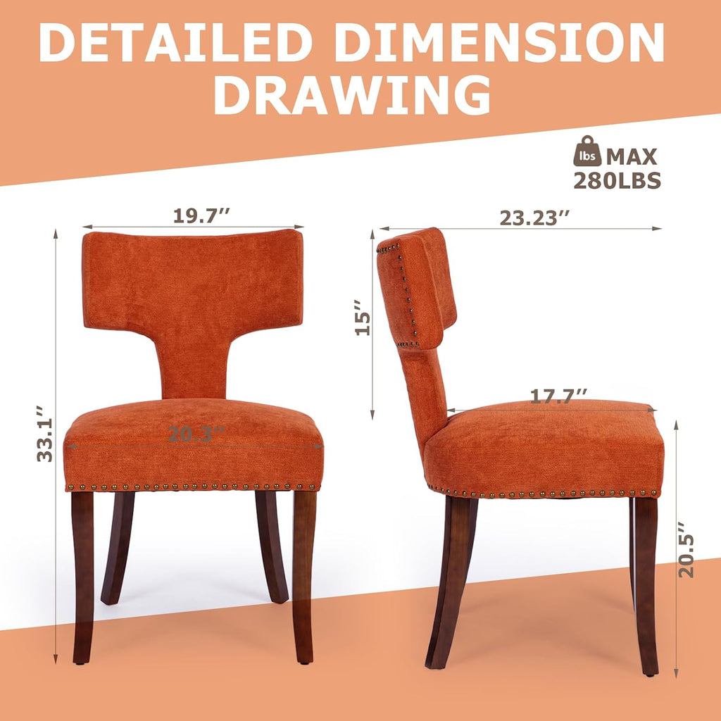 Mid Century Modern Farmhouse Dining Chairs Set of 4, Linen Upholstered with Curved Backrest & Copper Nail Trim, Hardwood Frame, Orange