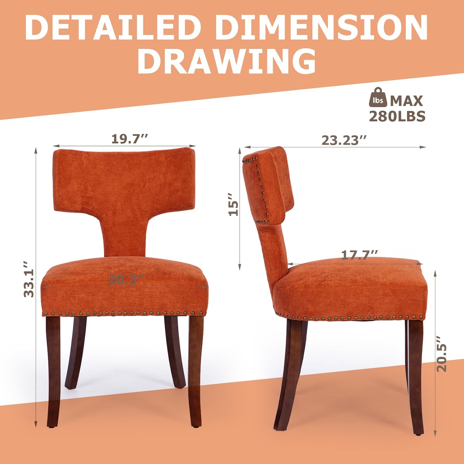Mid Century Modern Farmhouse Dining Chairs Set of 4, Linen Upholstered with Curved Backrest & Copper Nail Trim, Hardwood Frame, Orange