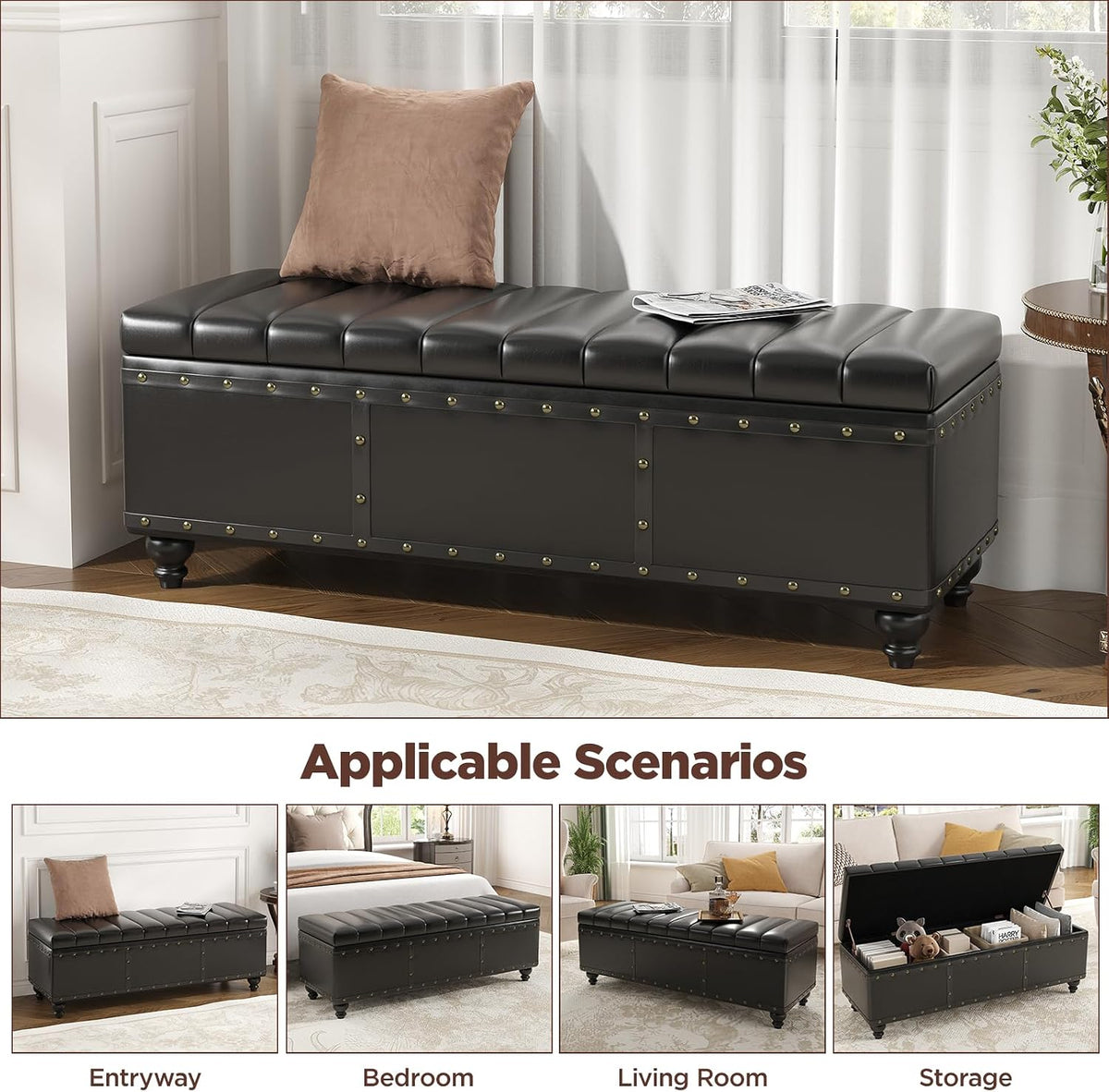 Maupvit Storage Ottoman Bench, Faux Leather Ottoman with Storage, Bench for Bedroom end of Bed, Upholstered Storage Benches for Living Room, Entryway, Hallway, Foot Rest, Black